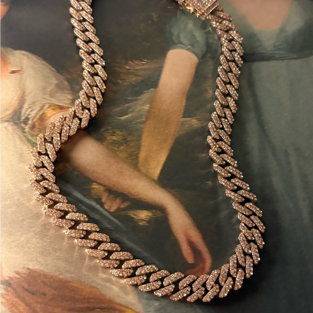 Rose Gold Cuban Link Necklace with Pavé Crystals - Women Jewelry